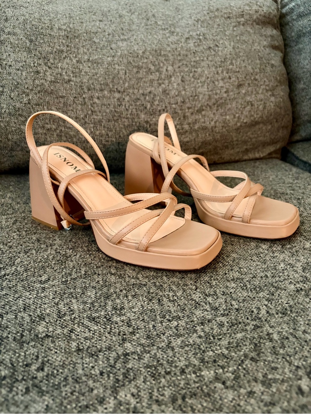 ISNOM Blush Strappy Block Heel Sandals with Slingback